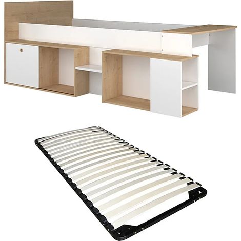 Lit combiné 90 x 200 cm avec bureau et rangements - Blanc et naturel + Sommier - PALOMA (1/5)