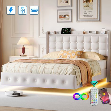 Lit Capitonnée 160x200 cm, Lit double, lumière LED et port USB Lit avec tête de lit et sommier à lattes Lit Adulte/Ado Tissu de velours - Blanc (1/5)