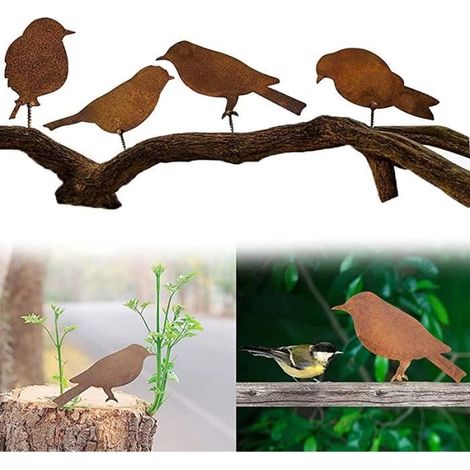 Gartenfiguren - Rostige Vögel - 4-teilig - Metall - Patinierter Effekt - Außendekoration