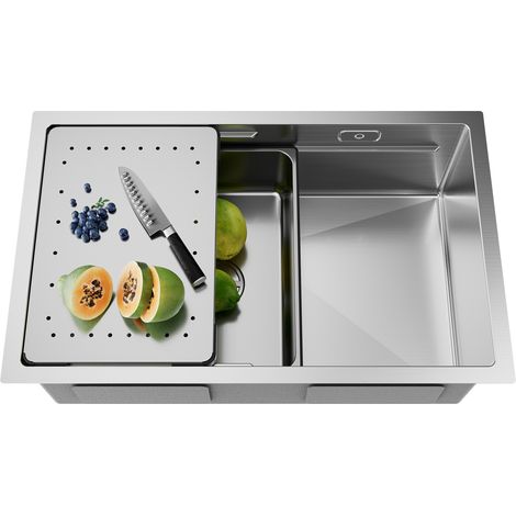 CECIPA Fregadero de un Seno 70 x 44 x 21 cm Fregadero de Cocina Fregadero Integrado de Acero Inoxidable Cepillado Fregadero de Cocina con Escurridor + Lavabo (1/5)