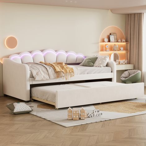 Letto estraibile 90x200 cm in velluto beige, salvaspazio, senza materasso FloraGrace (1/5)