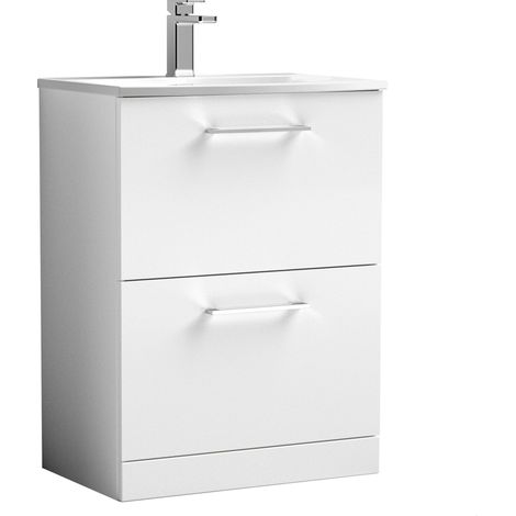 Balterley Contemporary Bathroom 2-Drawer Floor-Standing Curved Basin Vanity Unit, Gloss White, 600mm (1/4)