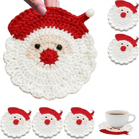 Gewebte Weihnachtsuntersetzer für Getränke – niedliche gehäkelte Weihnachtskatze – lustige, isolierende Tischuntersetzer – geeignet für verschiedene Tassenarten – Kaffeetassen – witzige Geschenkidee – (1/5)