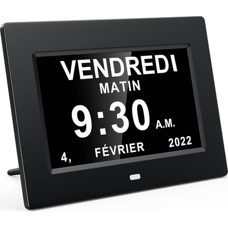 Reloj digital LCD de 7 pulgadas, color negro, con calendario, fecha, día y hora, formato de reloj completo, atenuación automática, 8 idiomas, pantalla HD y recordatorio para personas con Alzheimer, ad (1/5)