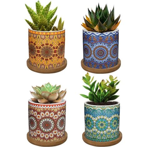 4PCS Flower Pot de Fleur, 2.8 pouce Céramique Succulent Pots Horticoles Jardinière avec Plateau en Bambou, Maison Domicile Décorations Décor - Coloré (1/5)