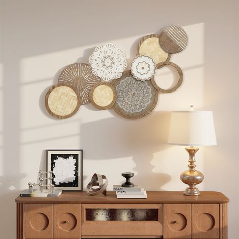 Décoration murale en bois, sculpture murale en bois, design unique à plusieurs disques, bois naturel, 83,8 x 44,5 centimètres