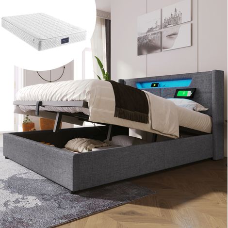 Lit double capitonné moderne 160x200 cm gris en lin avec tête de lit LED, USB-C, coffre de rangement, sommier et matelas (1/5)