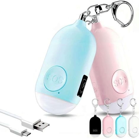 130DB Lot de 2 Alarme Personnelle Anti-Agression avec Porte-clé,Rechargeables Alarme de Poche avec LED Lampe de Poche Torche Alarme,pour Femme Enfants Personnes aîné(Bleu+Rose) (1/4)