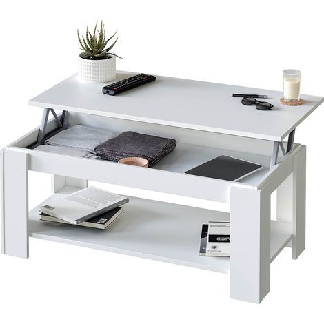 Pegane – Table basse relevable blanche artic 102 cm – Hauteur 43-54 cm – Compartiment de rangement intégré – Design fonctionnel - Longueur1 (1/5)