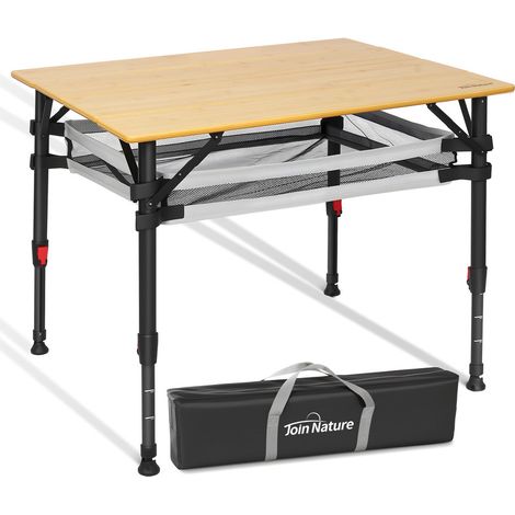 Homecall Klapptisch Bambus Camping-Klapptisch höhenverstellbar 47–65 cm, (natürliche Bambus-Tischplatte, Aluminiumrahmen, abnehmbares Netzfach, tragbarer Outdoor-Picknicktisch) (Holzfarbe)