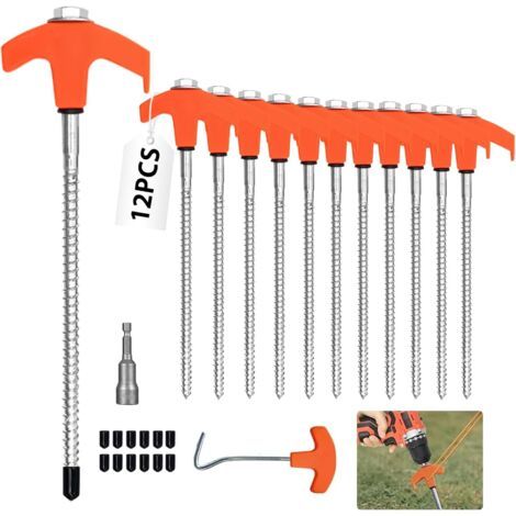 12 Pièces Piquets de Tente à Visser 20cm avec Foreur Hexagonal, Piquet en Acier avec Filetage, Sardines Camping Robustes pour Sol Dur, Jardin, Randonnée (1/5)