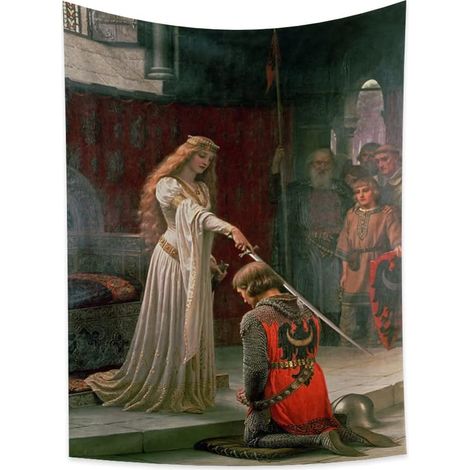 180x235cm Chevalier Peinture à l'huile Tapisserie, Médiéval Angleterre Vintage Leighton Tapisserie Noblesse Royale Reine Princesse Prince Cavalier Épée Decor pour école Bibliothèque Salon (1/5)