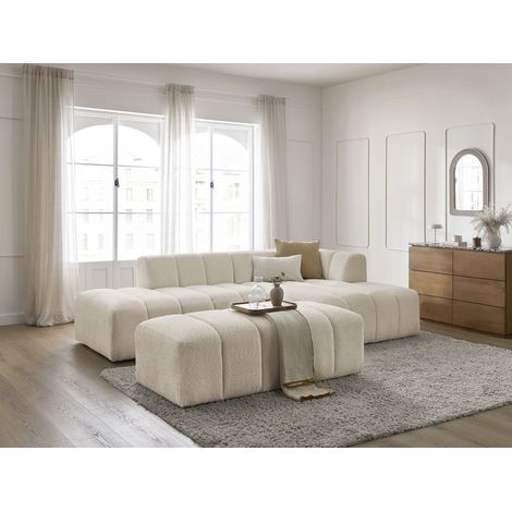BOBOCHIC - Canapé d'angle fixe modulable ANNECY tissu bouclette avec pouf Angle droit Beige (1/5)