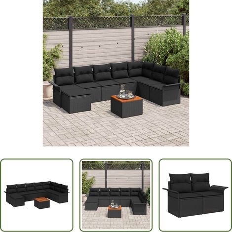 vidaXL Tissu poly rattan - Ensemble de canapé de jardin avec coussin 9 pcs Noir polyrotin (1/5)
