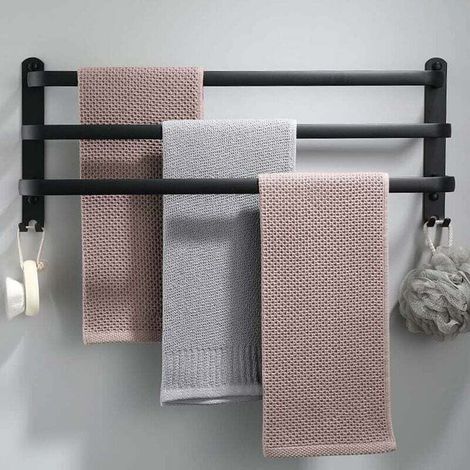Portasciugamani da parete in alluminio FOREHILL - 3 ripiani - Con ganci - 60 cm - Impermeabile - Nero - Per bagno, cucina, doccia