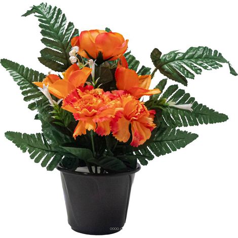 Pot de Boutons de Roses fleurs artificielles pour le cimetière H 34 cm D 23 cm Orange - couleur: Orange (1/3)