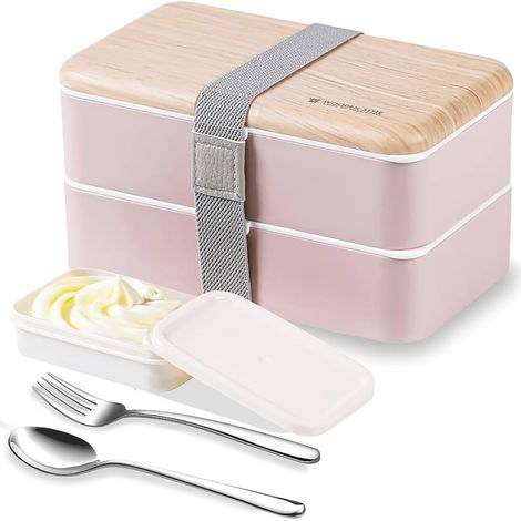 Bento Box Lunch Box Lunch Box package boîte à lunch japonaise avec cuillère et fourchette en acier inoxydable (Rose) (1/5)