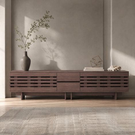 Meuble TV 200x39,5x55 cm en panneaux de bois brun, avec rangement, pour salon FloraGrace (1/5)