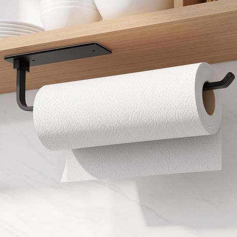 Porte rouleau cuisine adhésif noir sans perçage, sous armoire, mural, film étirable et essuie-tout, 31 cm (1/5)