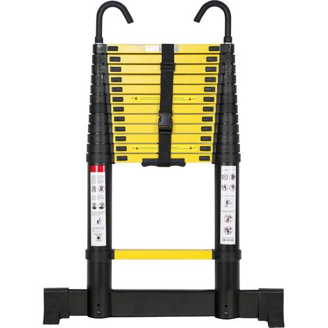 Randaco Scala telescopica in alluminio nero-giallo da 3,8 m con 2 ganci e stabilizzatore, portata fino a 150 kg
