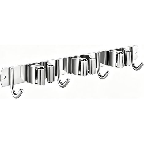 Supporto da parete multifunzionale per scope e mop, 4 ganci/3 clip, acciaio inox/gomma, 38 x 3 cm, argento/bianco (1/5)
