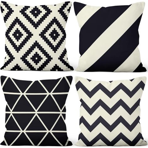 Housses de Coussin Lot de 4, Géométrique Noir Et Blanc À Rayures Minimalistes Doux Court Peluche Carré Taie d'oreiller pour Sofa Canapé Chambre Auto Chaise Domicile Décor 45x45cm (1/5)