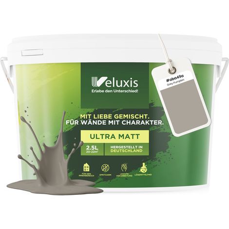Wandfarbe Grau Beige Braun Matt Innenfarbe – Deckkraft Klasse 1, VOC-frei, Ohne Grundierung, Tropfarm – Wohnzimmer & Schlafzimmer – 2,5L – Veluxis (Grey Pumpkin)