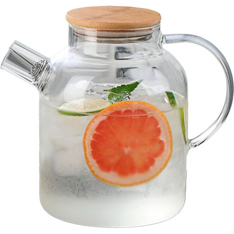 Carafe à eau 1800 ml en verre avec filtre, fouet et couvercle en bois résistant à la chaleur, idéale pour le thé et le café. Convient également pour le réfrigérateur. (1/5)