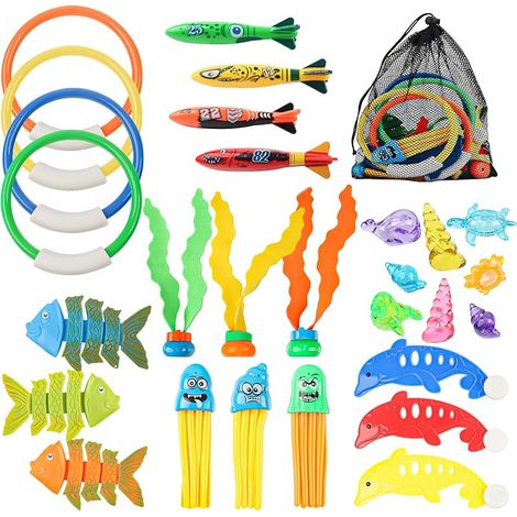 24Pcs Jouets Plongée Enfants Cadeaux, Set Jouets Plongée Piscine, Sirènes Anneaux Plongée Bâtons Jouets Algues Pierres précieuses Torpille Sac à Cordon, pour Plages Extérieures Pool Party Cadeau (1/4)