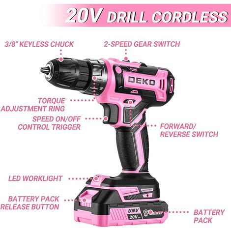 Perceuse Visseuse Sans Fil Perceuse Sans Fil 20V Rose Visseuse Electrique Visseuse Devisseuse Rose pour Femmes Kit Complet avec Batteries et Chargeur (1/3)