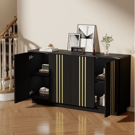 Buffet 140x35x70 cm noir et or en panneaux de particules avec 4 portes et rangements (1/5)