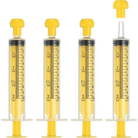 Fütterungsspritze mit Kappe, Kunststoffspritze für flüssiges Tierfutter, nadelfreies Messwerkzeug, 10 ml (gelb, 4 Spritzen) (1/3)