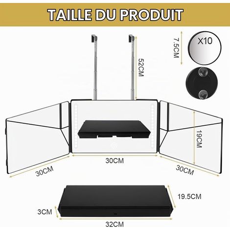 Miroir 360 Coiffure Homme, 3 Faces, Pliable à 360°, Réglable Hauteur (1/5)