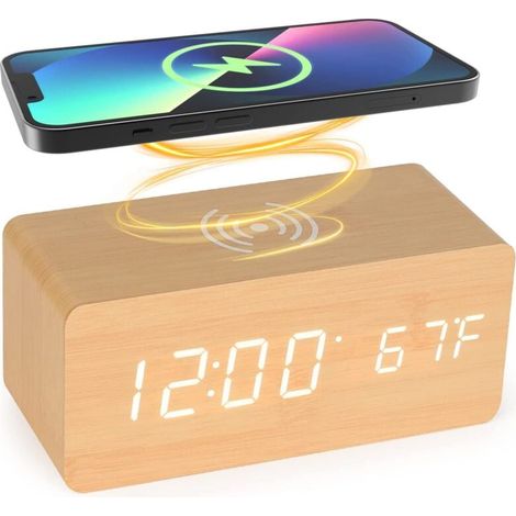 Wecker aus Holz mit Qi-Ladegerät (kabellos), kompatibel mit iPhone und Samsung. Digitale LED-Uhr aus Holz mit Geräuschsteuerung, Zeit-, Datums- und Temperaturanzeige für einen erholsamen Schlaf. (1/4)