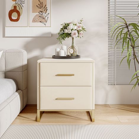 Table de chevet 2 pcs en velours avec base en métal doré et 2 tiroirs, Meuble de chambre moderne, 40x40x50 cm, capacité de charge 80 kg, Beige