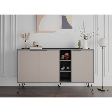 Abitare – Buffet Budapest 142x83 cm anthracite et moka – 3 portes, 3 compartiments – Panneaux en bois mélaminé, résistant aux chocs et rayures (1/5)