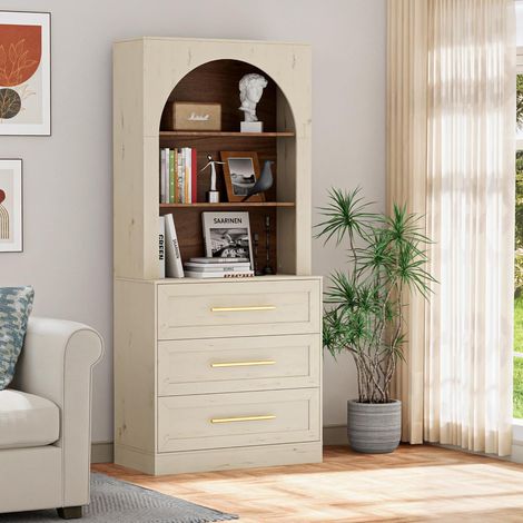 UEV Buffet Haute 180cm, Vaisselier Cuisine Haute, Armoire de Rangement avec 3 Tiroirs et 3 Compartiments, Étagère Réglables à 3 Positions, pour Cuisine, Salon, Chambre, Bureau, 80 x 40 x 180 cm, Beige