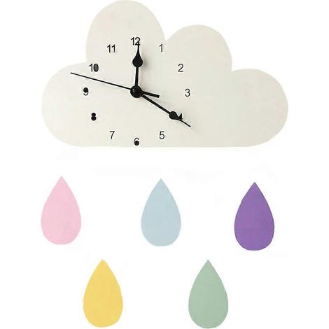 HONORNIC - Horloge murale nuage et gouttes de pluie, motif nuage blanc, silencieuse, décoration murale pour chambre d'enfant, horloge en bois nuage et gouttes de pluie