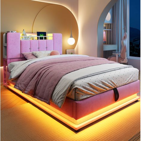 Lit simple 90x200 avec coffre LED USB rose HAVRYA (1/5)