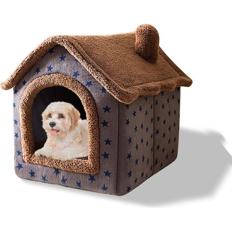 Lit grotte pour chats, lit lavable pour chiens, igloo en peluche chaud et confortable pour chats, maison pour chats pliable et confortable, lit pour chiens avec fond antidérapant (M, étoiles marron) (1/5)
