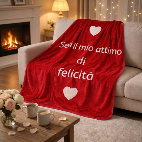 Plaid Caldo Felicità 130x160 cm - Flannel Pelliccia Rasata Rosso con Cuori, Idea Regalo San Valentino (1/5)
