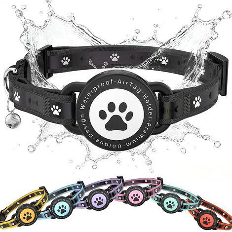 Cat Collar, Anti-Choke Cat Collar, Waterproof Reflective Collar with Holder and Bell, Comfortable Padding for Cats Kittens and Puppies (Black, 9.3"-13") (1/3)