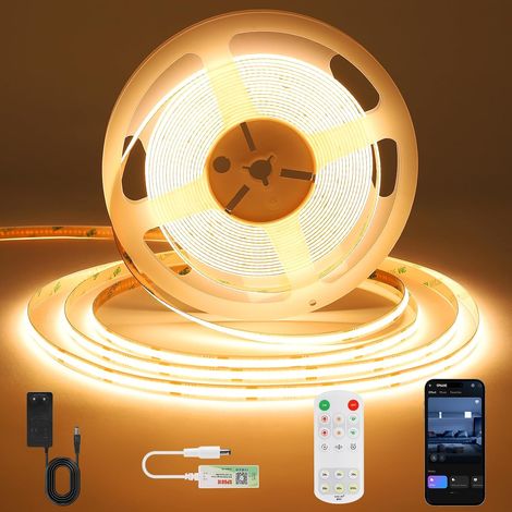 1 Ruban LED COB 5m, Blanc Chaud 3000K, Télécommande, App Smart, Minuterie, Mode Musique, Intérieur (1/5)