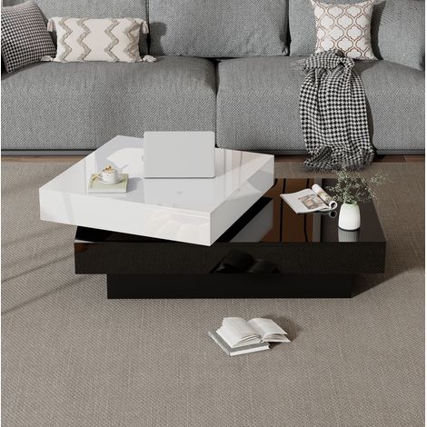 Tavolino basso rotante a doppio livello 103 x 60 x 35,5 cm bianco e nero lucido DESVIAE (1/5)