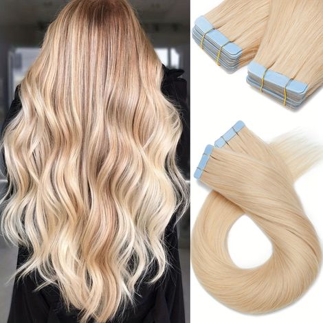 20 extensions de cheveux humains à bandes adhésives (50 g) - 100 % cheveux Remy, mélange invisible et sans couture, aspect et toucher naturels, cheveux longs et raides avec bande adhésive double face