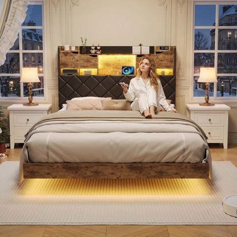 Estructura de cama - Cama flotante 140x190 - LED y puerto USB - Somier de lamas incluido - PU negro y madera (1/5)