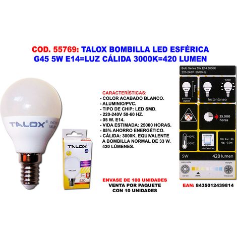 Lampadina LED Sferica G45 5W E14 Luce Calda 3000K 420 Lumen