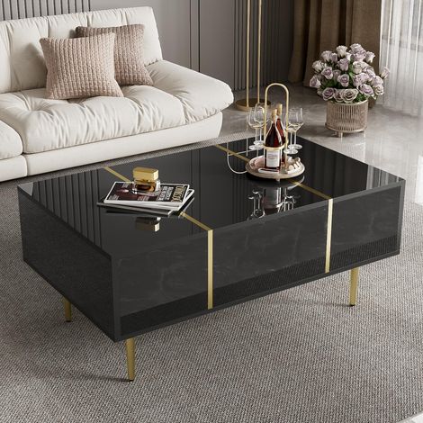 Couchtisch 100 cm, rechteckig, mit 2 Schubladen, glänzend, modern, Metallbeine, Wohnzimmertisch aus Holz – Schwarz
