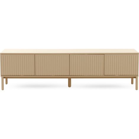 TV-Schrank aus MDF in sandbeige, mit geriffelten Türen und Seiten sowie Beinen aus Massivholz. (1/5)