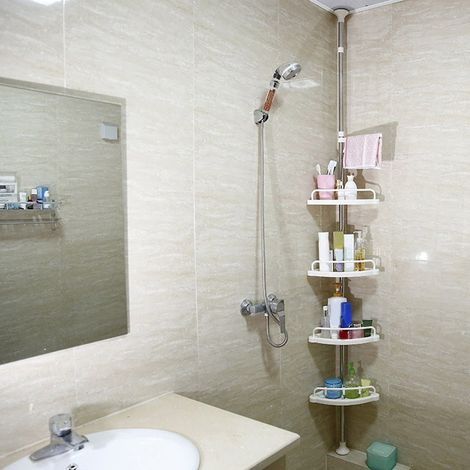 Étagère de Rangement d'Angle en Acier Inoxydable 304 à 4 Niveaux, Colonne de Rangement du Sol au Plafond pour Salle de Bains, Hauteur Réglable 100-310 cm, avec Crochets et Porte-Serviette (1/5)